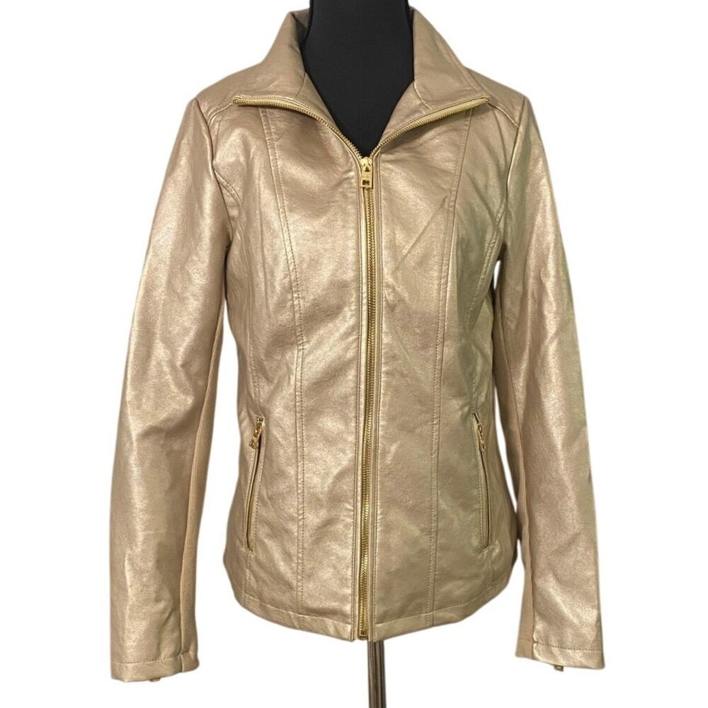Marc New York Andrew Marc Gold Metallic Faux Leather Moto Jacket XS Stretch Glam